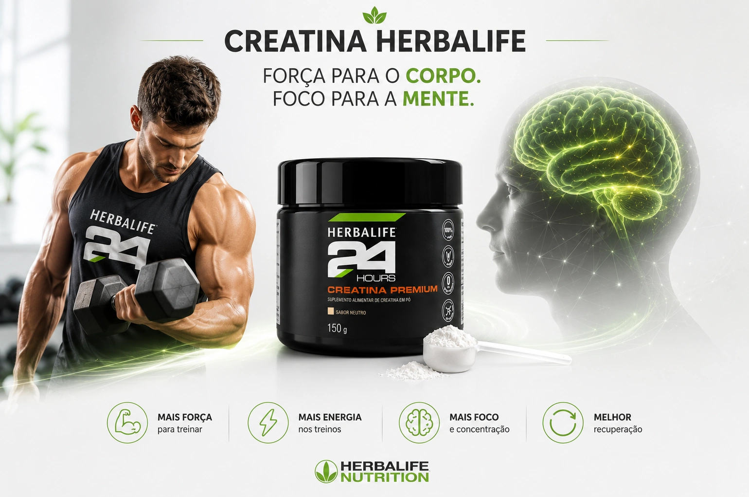 Composição ilustrativa mostrando atleta em treino de força e cérebro focado representando o suporte da Creatina Herbalife