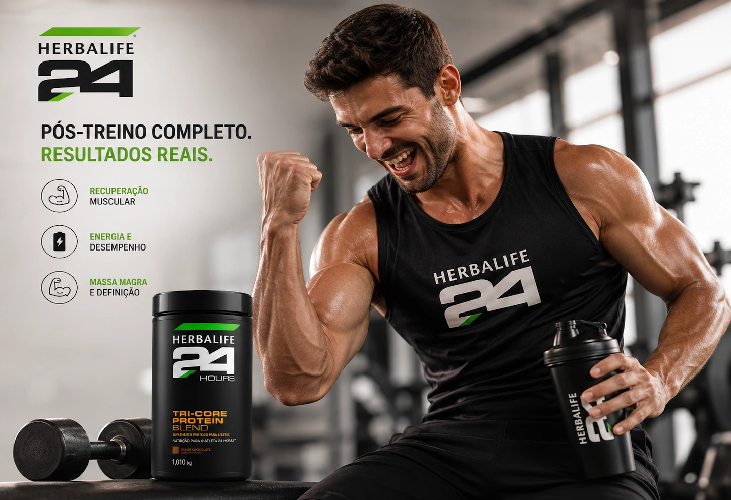 Atleta comemorando bom desempenho muscular após usar Tri-Core Protein Blend Herbalife24 no pós-treino