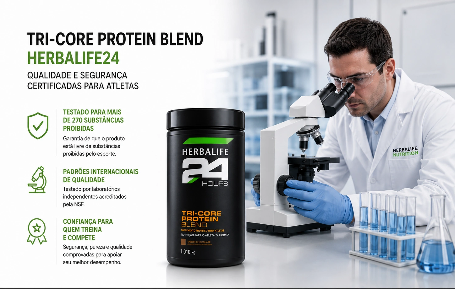 Selo NSF Certified for Sport em destaque sobre os testes de laboratório do Tri-Core Protein Blend Herbalife24
