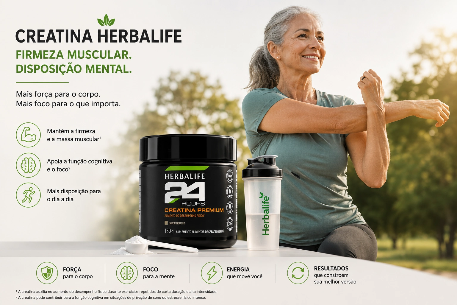 Pessoa madura praticando exercícios leves mantendo a firmeza muscular e disposição mental com Creatina Herbalife
