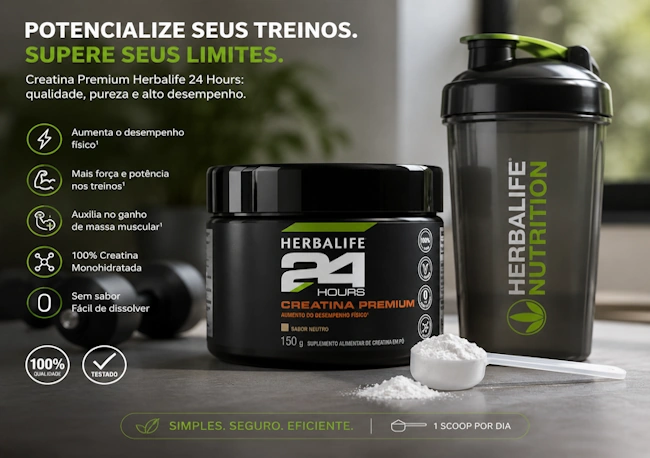 Embalagem oficial da Creatina Premium Herbalife Sabor Neutro 150g em destaque com dosador scoop