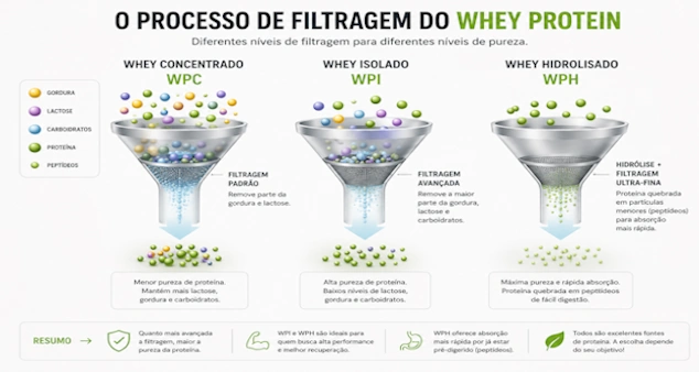 Ilustração do processo de filtragem do whey protein comparando as moléculas de Whey Concentrado WPC, Isolado WPI e Hidrolisado WPH