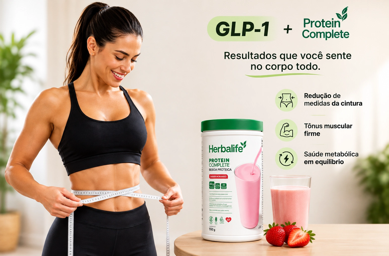 Pessoa sorridente notando a redução de medidas da cintura mantendo tônus muscular firme e saúde metabólica no uso de GLP-1 com Protein Complete Herbalife