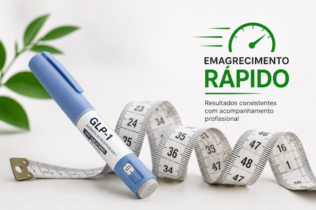 caneta GLP-1 ao lado de uma fita métrica ilustrando o emagrecimento rápido.