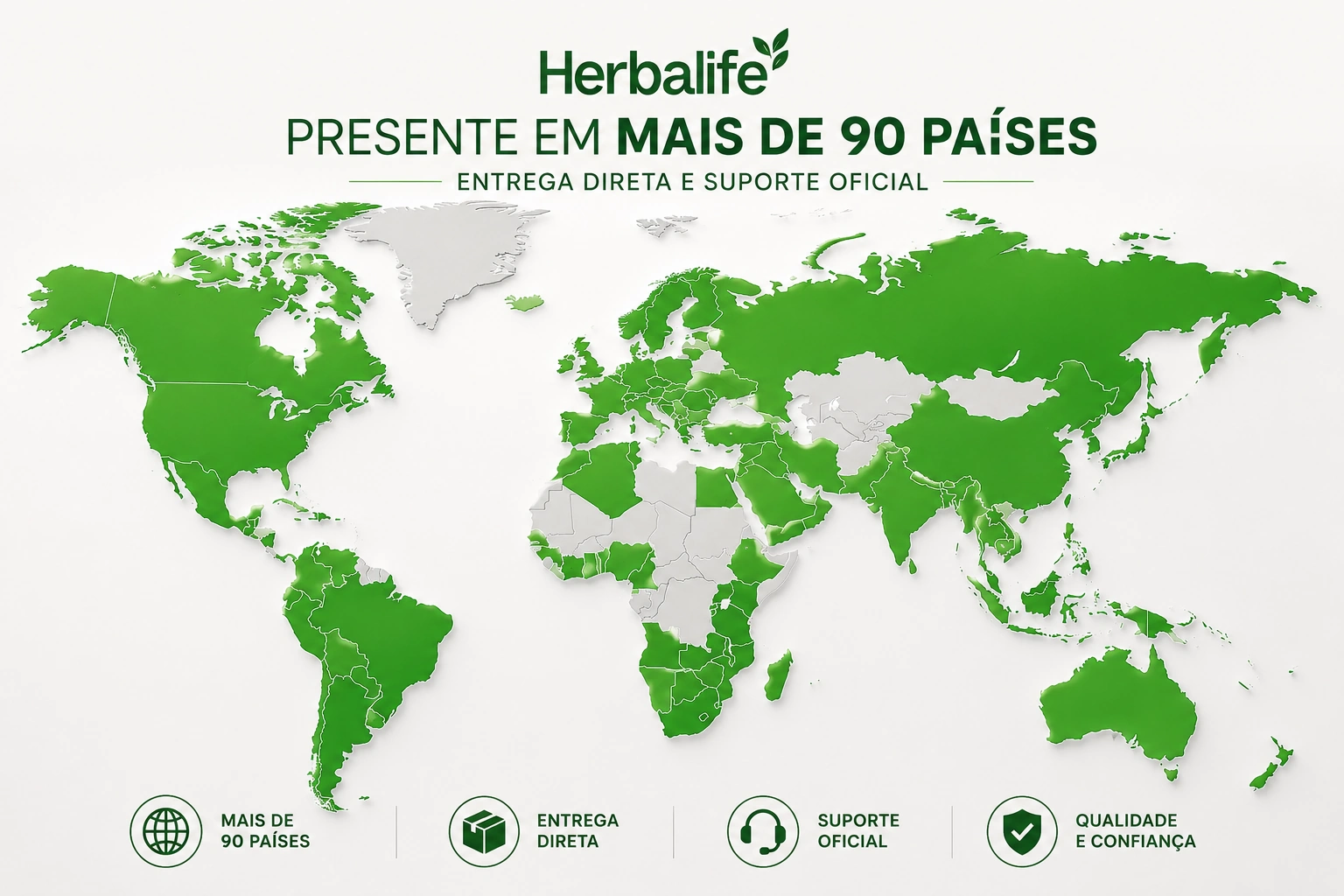 Mapa mundi destacado com os mais de 90 países onde a Herbalife opera com entrega direta e suporte oficial