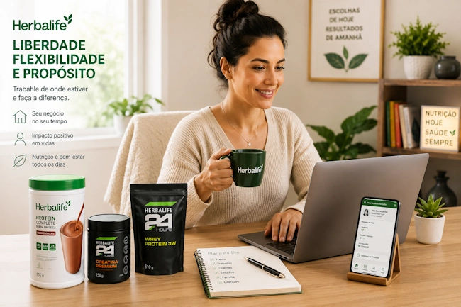 Pessoa trabalhando confortavelmente em home office com notebook e celular ao lado de seus suplementos Herbalife