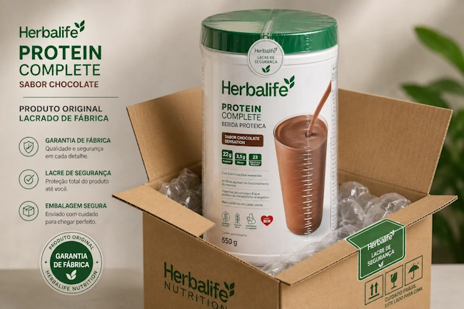 Embalagem oficial lacrada do Protein Complete Herbalife Chocolate 550g com caixa de envio seguro e selos de garantia de fábrica
