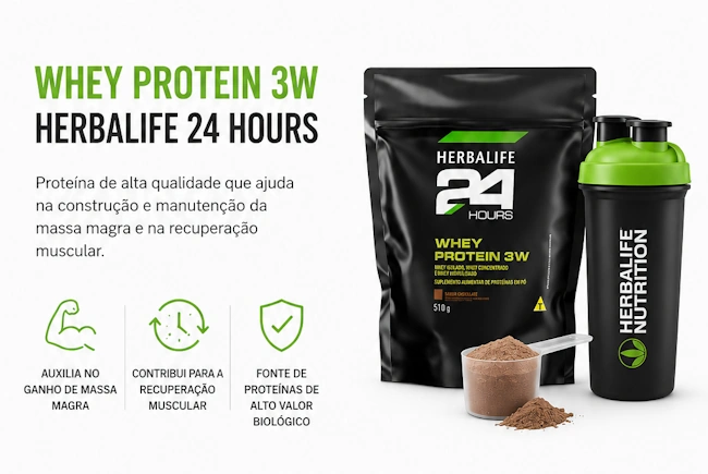 Infográfico explicativo sobre suplementação de whey proteína com coqueteleira, pote de whey 3W e ingredientes naturais