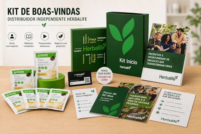 Kit de boas-vindas do Distribuidor Independente Herbalife com licença digital e materiais explicativos