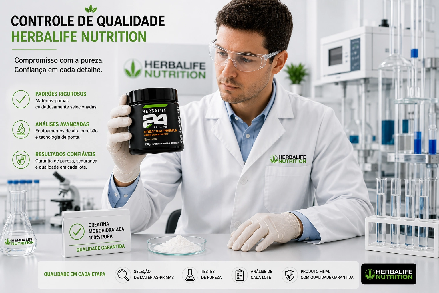 Laboratório analítico de controle de qualidade da Herbalife verificando o laudo de pureza da Creatina Premium