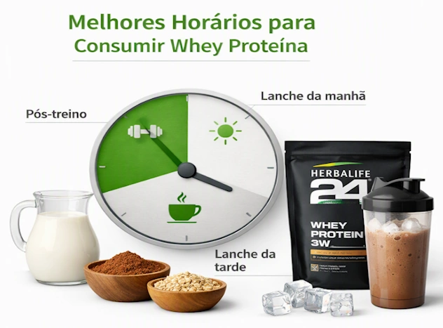 Infográfico de relógio mostrando os melhores horários para consumo de whey proteína no pós-treino e lanches intermediários