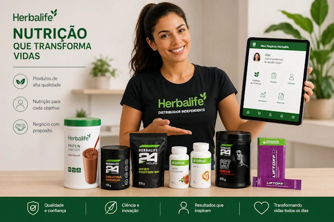 Distribuidor Independente Herbalife apresentando a linha de produtos e o aplicativo de vendas no tablet com sorriso confiante