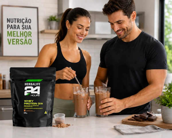 Preparo do Herbalife Whey Protein 3W sabor chocolate em copo de vidro com pedras de gelo