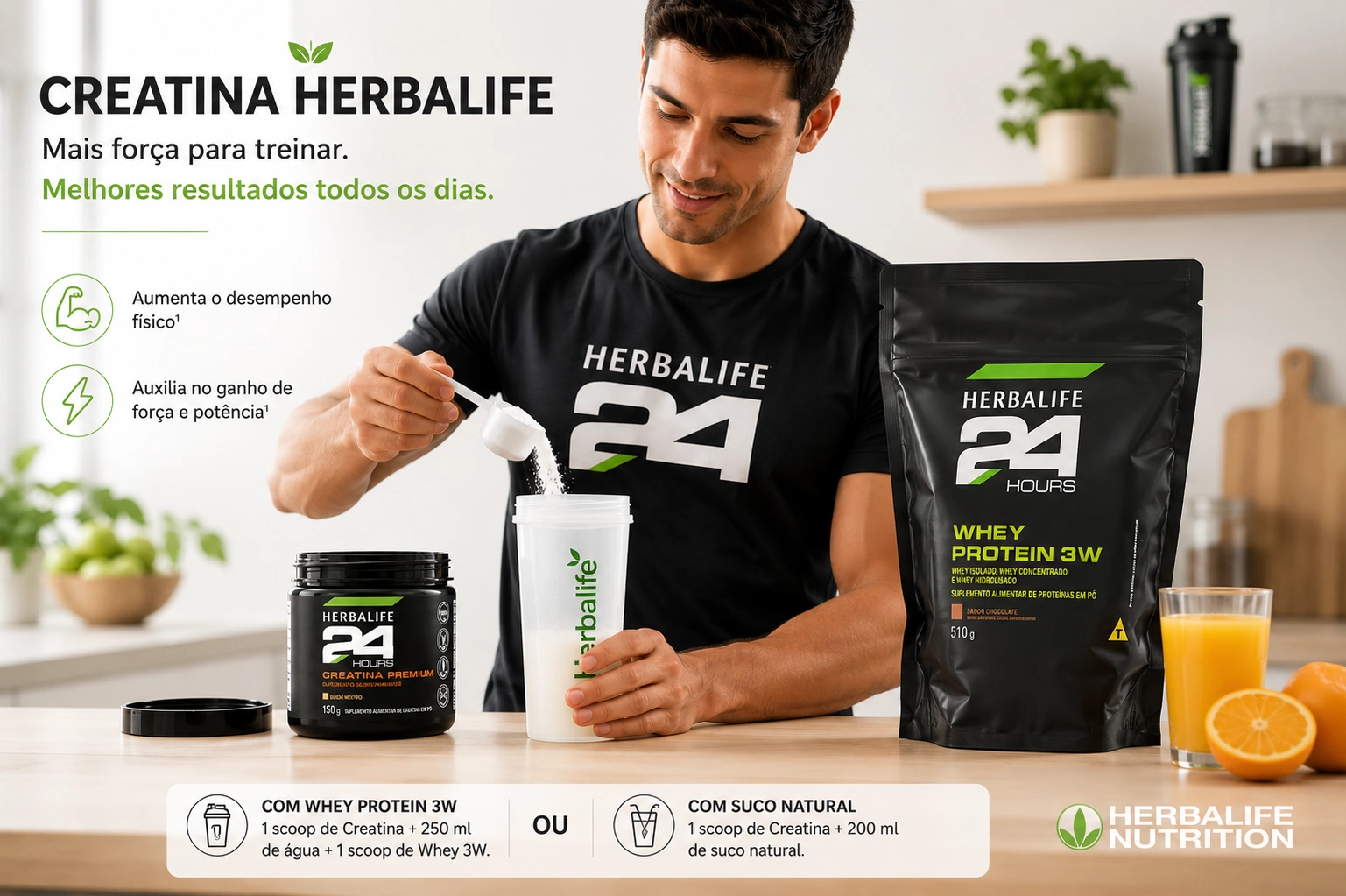 Pessoa misturando Creatina Premium Herbalife sabor neutro no Herbalife Whey Protein 3W ou suco natural