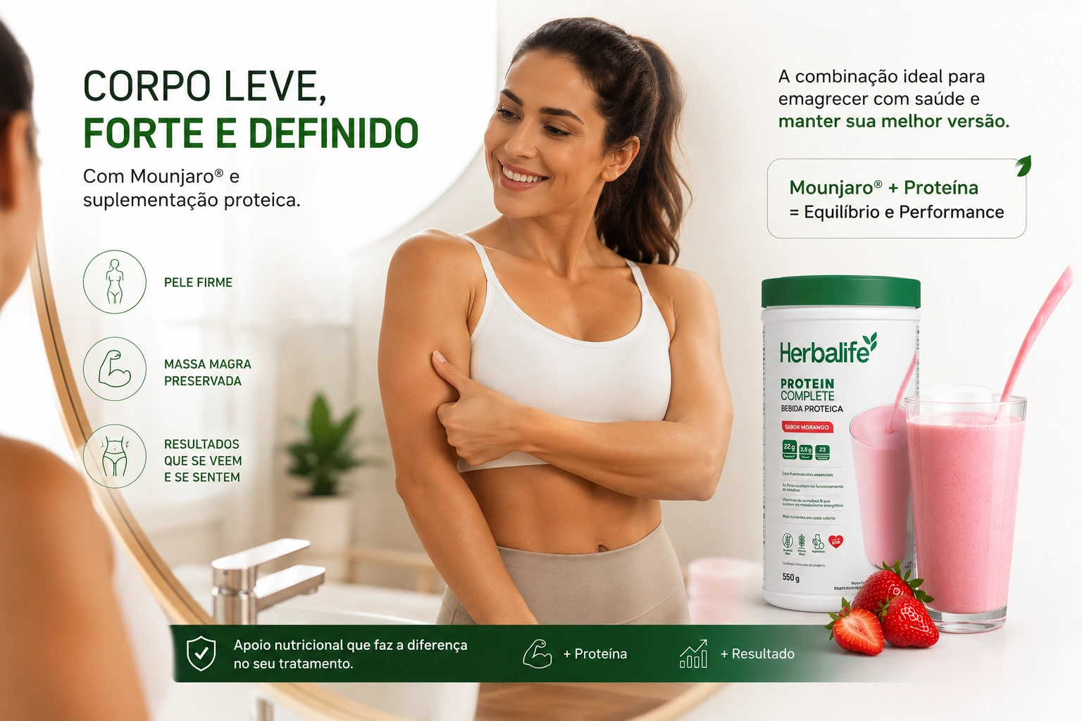 Mulher sorridente notando pele firme e tonicidade muscular mantida durante o tratamento com Mounjaro e suplementação proteica