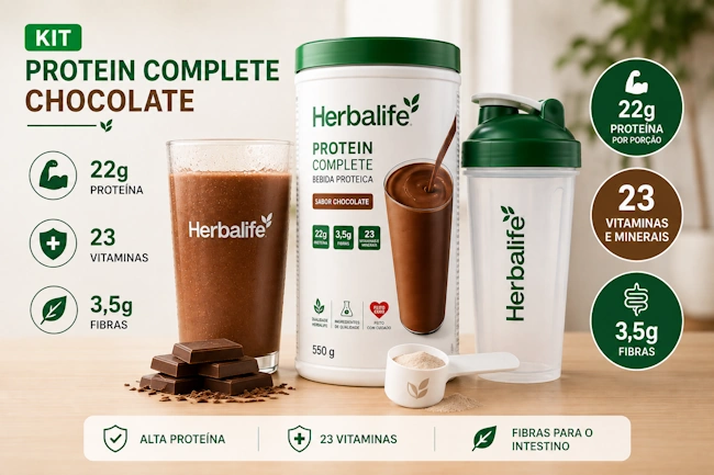 Kit do Protein Complete Herbalife Chocolate com copo preparado para consumo e selos de alta proteína e 23 vitaminas