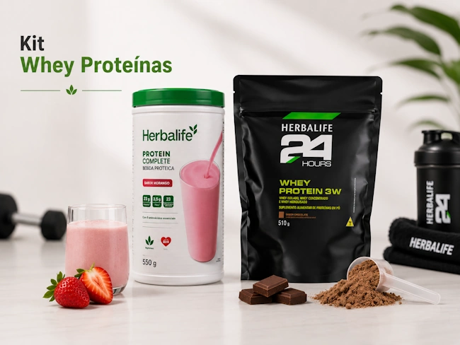 Embalagem do Protein Complete Herbalife Chocolate 550g e Herbalife Whey Protein 3W