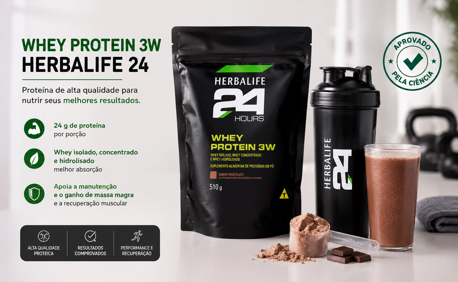 Pote do Herbalife Whey Protein 3W Chocolate 510g em destaque ao lado de coqueteleira pós-treino e selo de aprovação