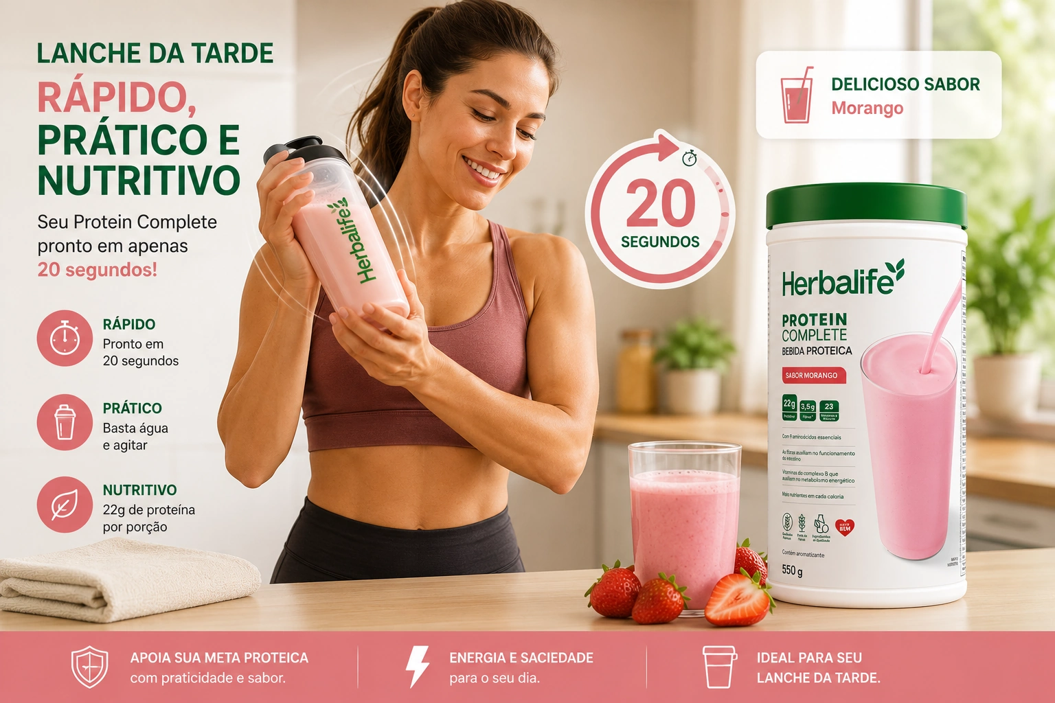 Pessoa preparando o Protein Complete Herbalife em coqueteleira de forma rápida em 20 segundos para o lanche da tarde