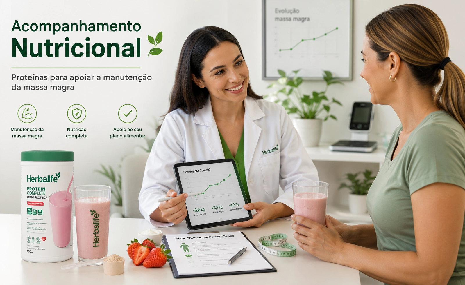 Acompanhamento nutricional de paciente em uso de caneta de GLP-1 tomando Protein Complete Herbalife para manter a firmeza da massa magra