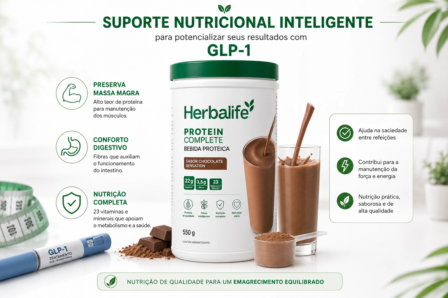 Embalagem do Herbalife Protein Complete em destaque servindo como suporte nutricional para GLP-1.