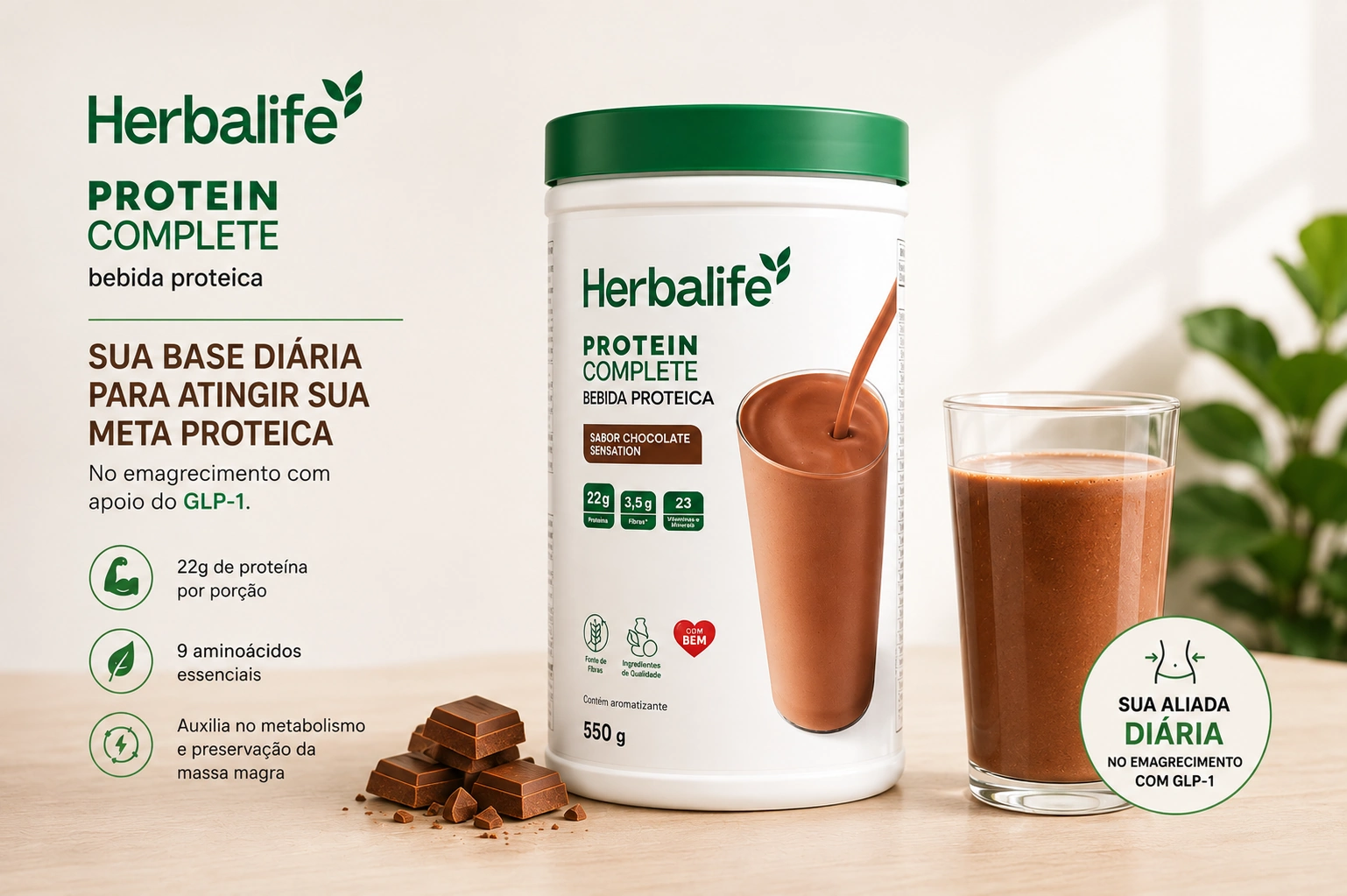 Embalagem do Protein Complete Herbalife Chocolate 550g servindo como base diária para atingir a meta proteica no emagrecimento com GLP-1