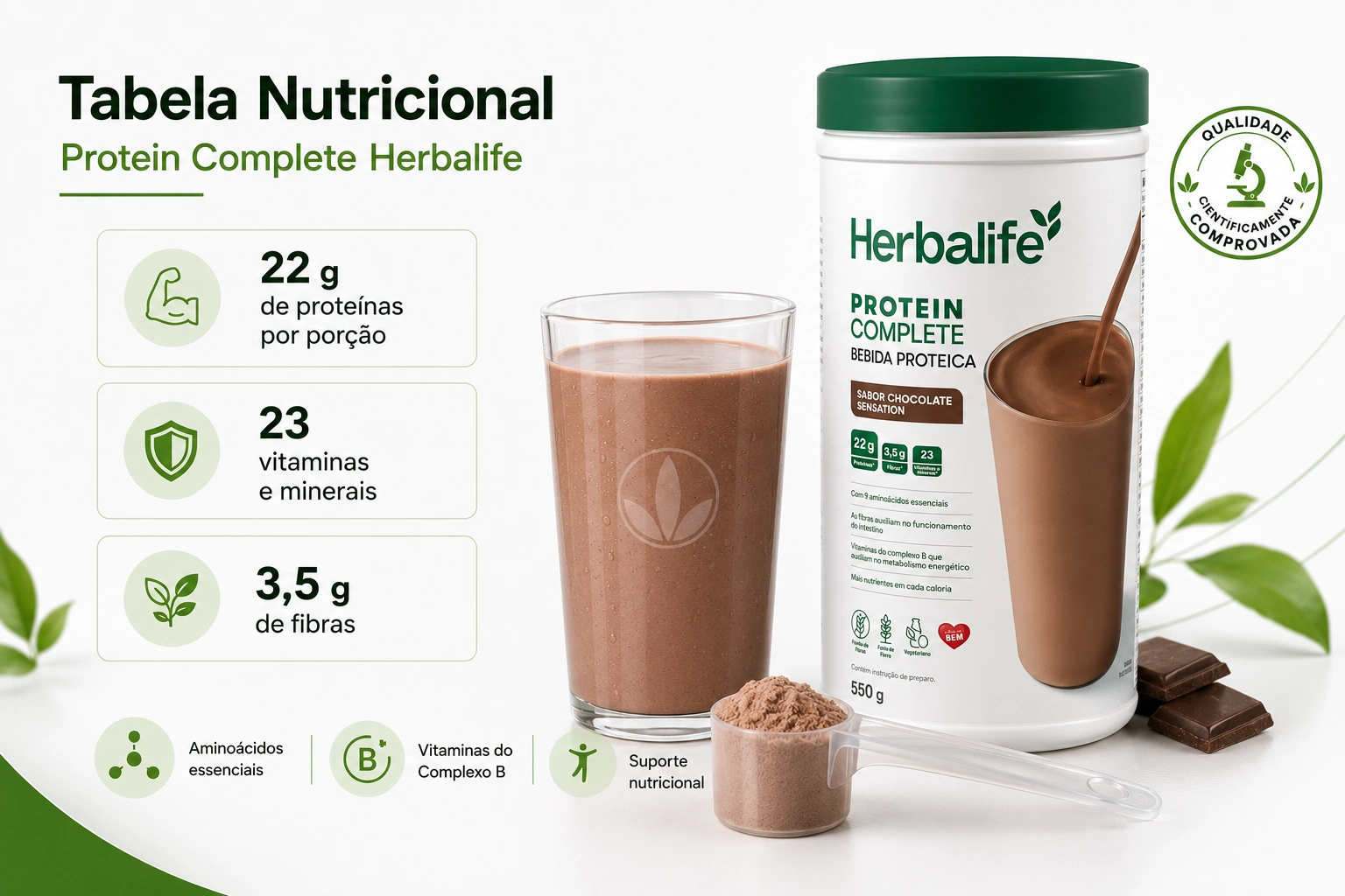 Tabela nutricional detalhada do Protein Complete Herbalife mostrando os valores de 22g de proteína, 23 vitaminas e 3,5g de fibras