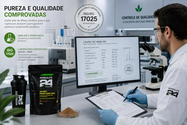 Cena de laboratório de analise química de alimentos verificando o laudo de pureza e isolamento proteico do whey protein com selo ISO 17025