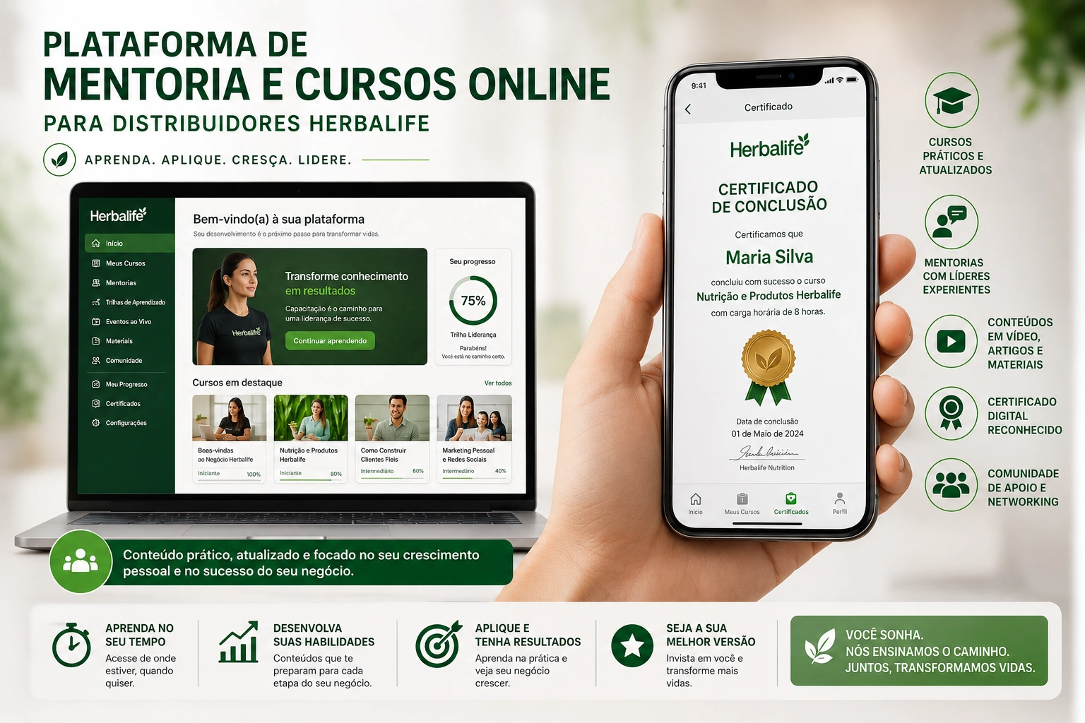 Plataforma de mentoria e cursos online para distribuidores Herbalife com certificação digital no celular