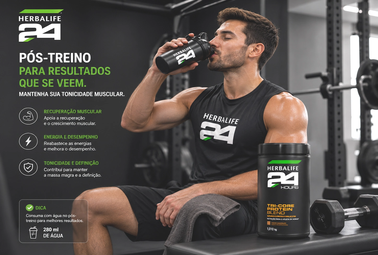 Pessoa praticando treino de musculação e consumindo Tri-Core Protein Blend no pós-treino para manter tonicidade muscular