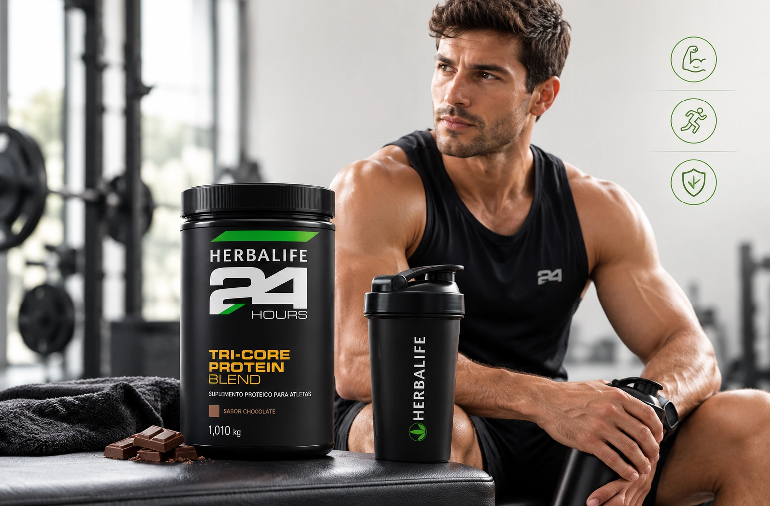 Pote do Herbalife24 Tri-Core Protein Blend Chocolate 1010g em destaque ao lado de coqueteleira de atleta