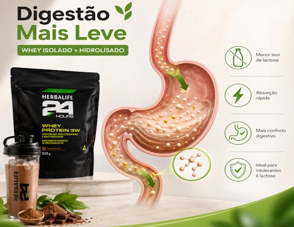 Ilustração demonstrando a facilidade digestiva do whey isolado e hidrolisado no estômago para intolerantes à lactose